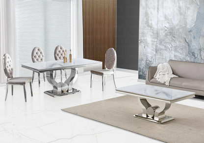 Ensemble table marbre blanc et 4 chaises capitonnées | Juno