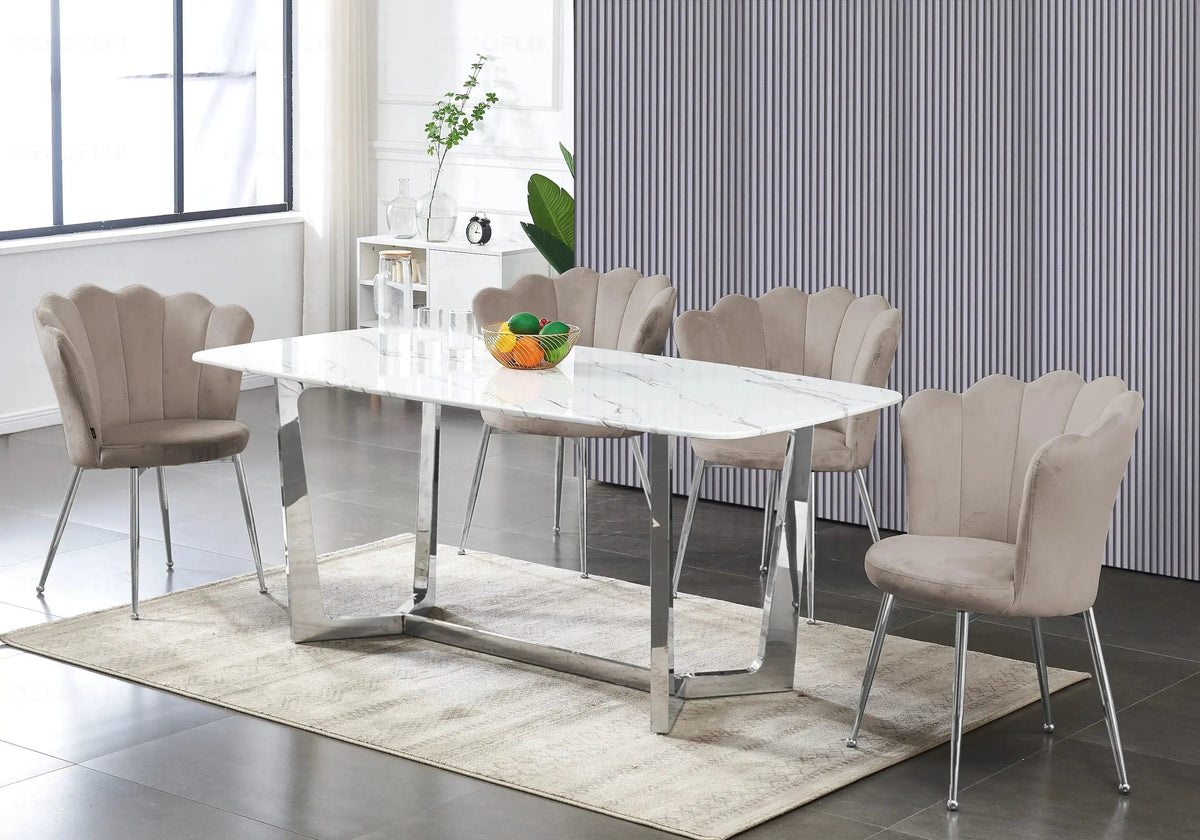 Ensemble table marbre blanc et 4 chaises argent | Vetra