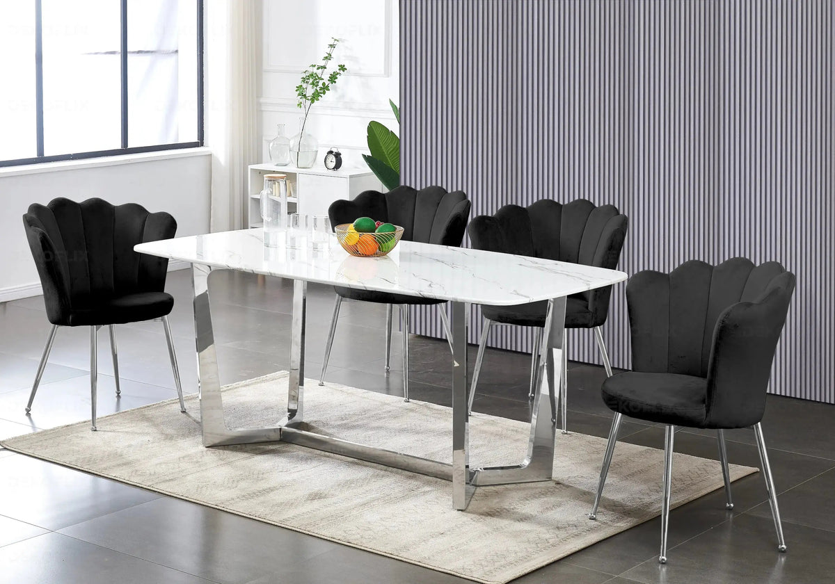 Ensemble table marbre blanc et 4 chaises argent | Vetra