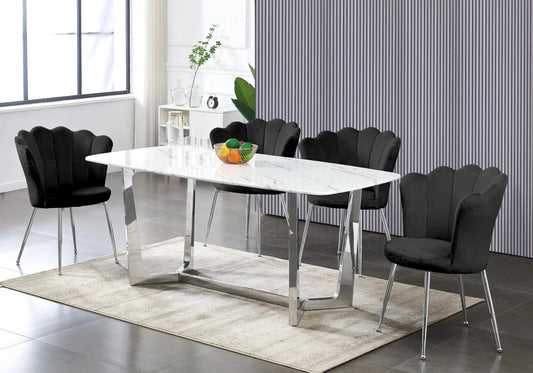 Ensemble table marbre blanc et 4 chaises argent | Vetra