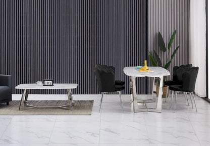 Ensemble table marbre blanc et 4 chaises argent | Vetra