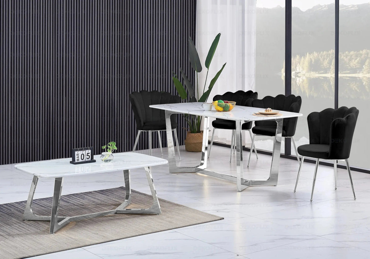 Ensemble table marbre blanc et 4 chaises argent | Vetra
