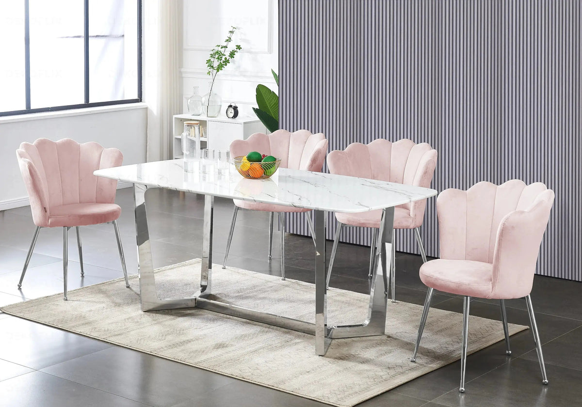 Ensemble table marbre blanc et 4 chaises argent | Vetra