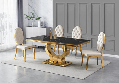 Table marbre noir et 4 chaises capitonnées dorées | Juno