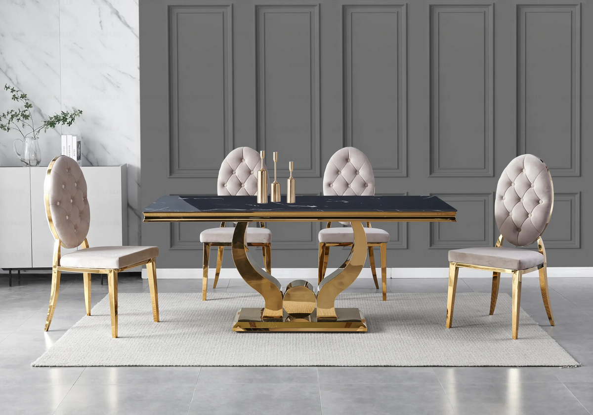 Table marbre noir et 4 chaises capitonnées dorées | Juno