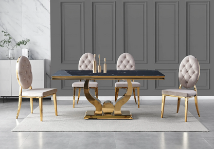 Table marbre noir et 4 chaises capitonnées dorées | Juno