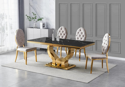 Table marbre noir et 4 chaises capitonnées dorées | Juno