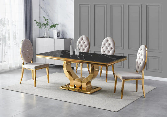 Table marbre noir et 4 chaises capitonnées dorées | Juno