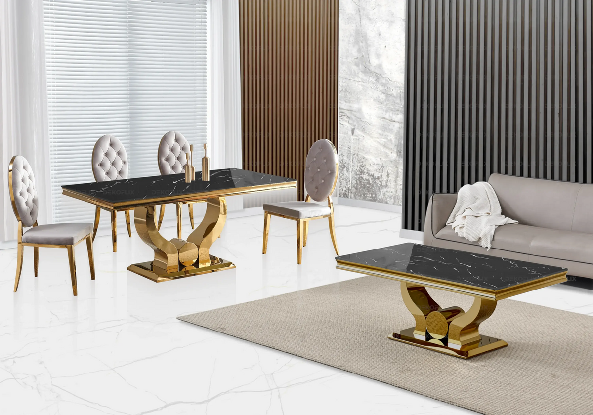 Table marbre noir et 4 chaises capitonnées dorées | Juno