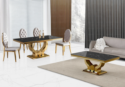 Table marbre noir et 4 chaises capitonnées dorées | Juno