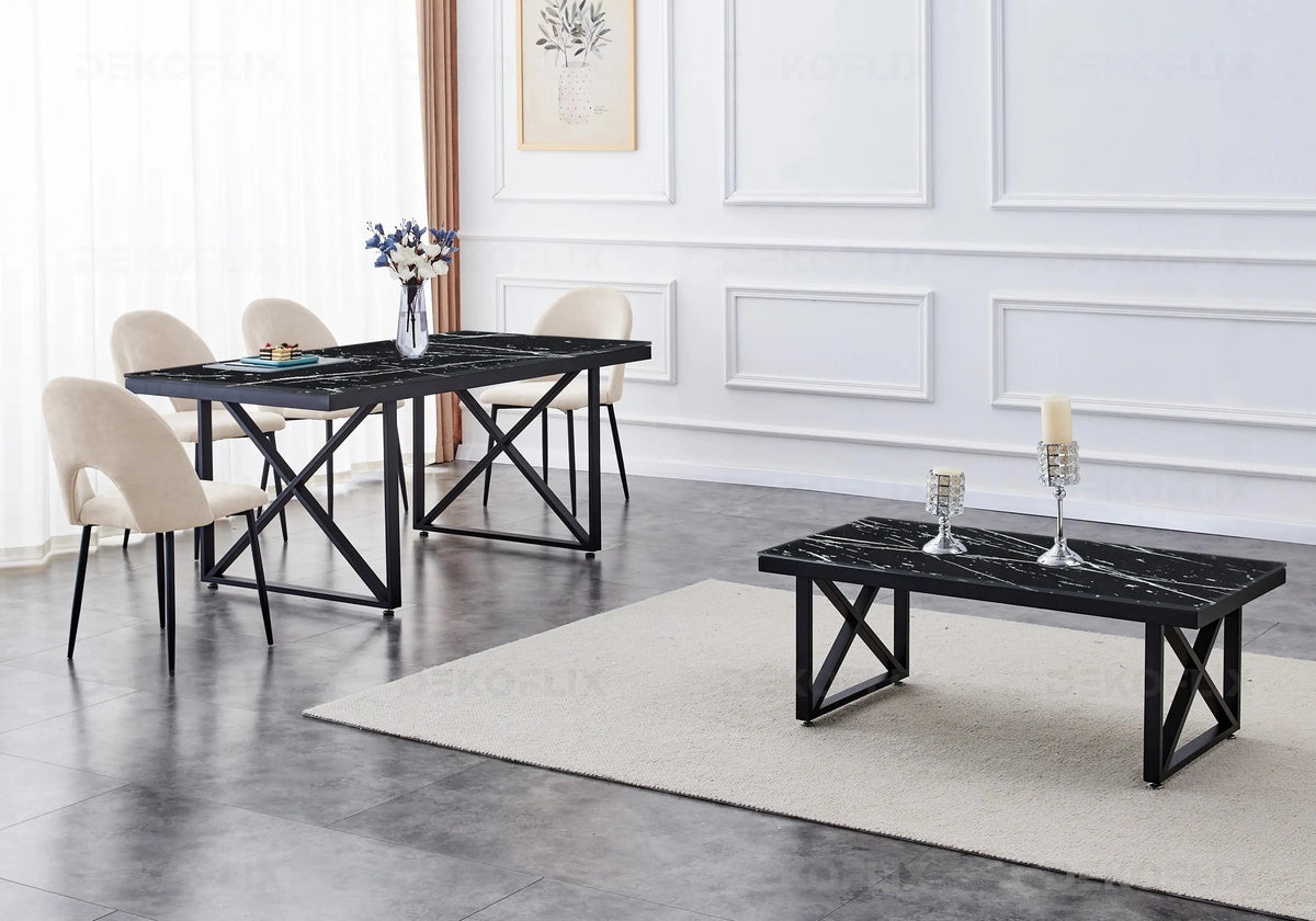 Ensemble table marbre noir et chaises beiges | Zyra
