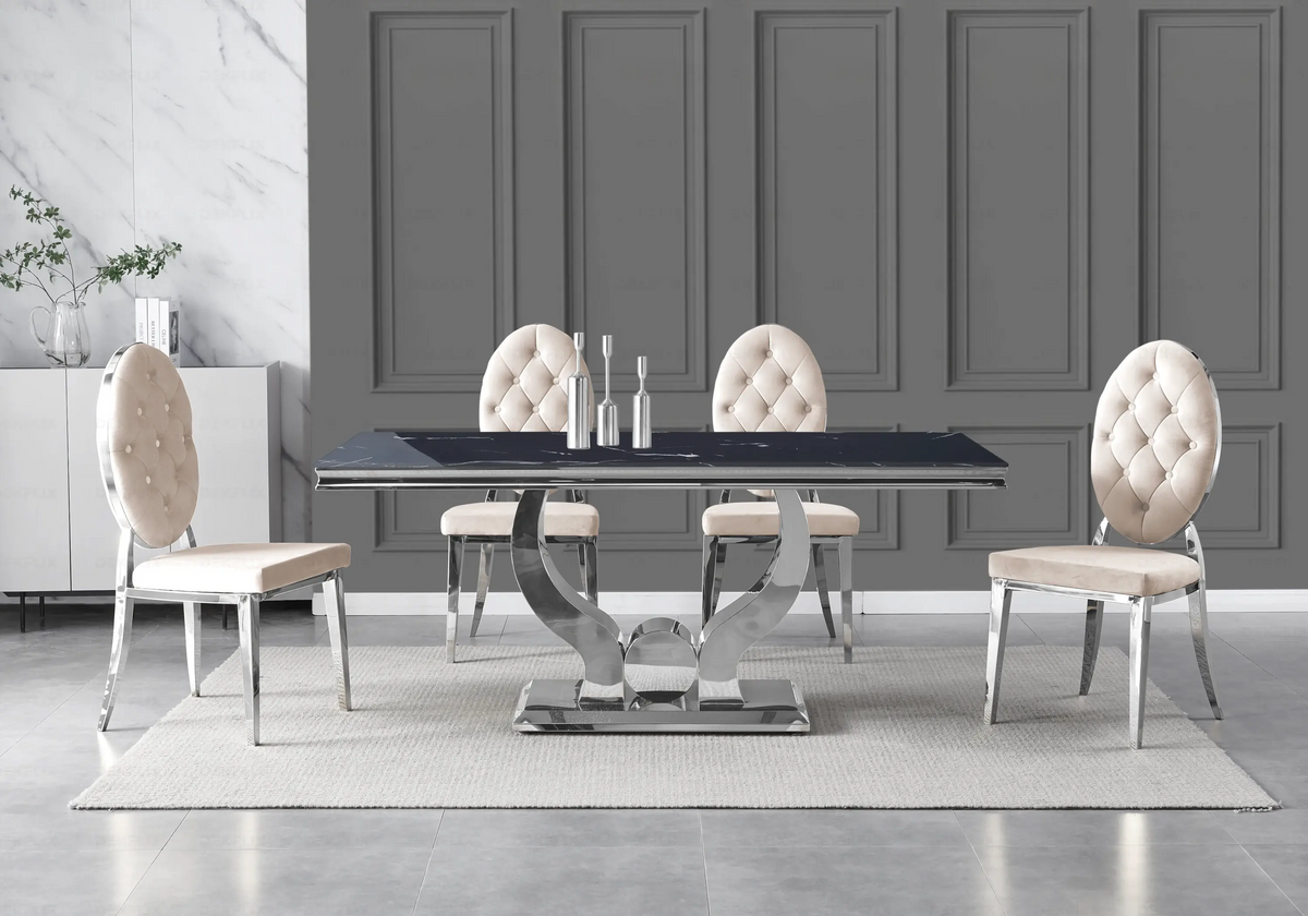 Table marbre noir et 4 chaises capitonnées argent | Juno