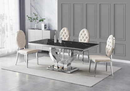 Table marbre noir et 4 chaises capitonnées argent | Juno