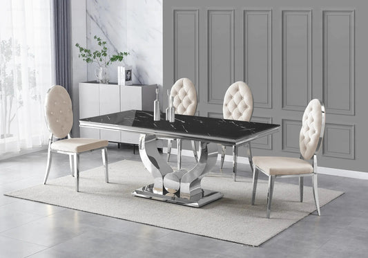 Table marbre noir et 4 chaises capitonnées argent | Juno