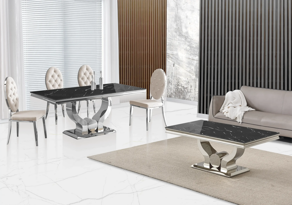 Table marbre noir et 4 chaises capitonnées argent | Juno