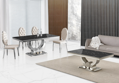 Table marbre noir et 4 chaises capitonnées argent | Juno