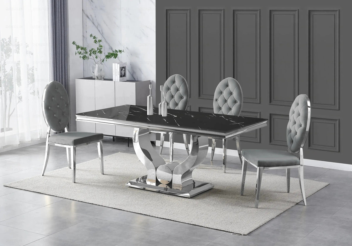 Table marbre noir et 4 chaises capitonnées argent | Juno