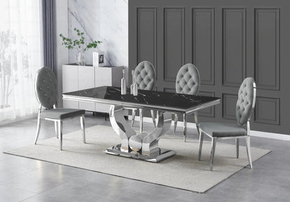 Table marbre noir et 4 chaises capitonnées argent | Juno