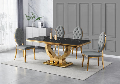 Table marbre noir et 4 chaises capitonnées dorées | Juno