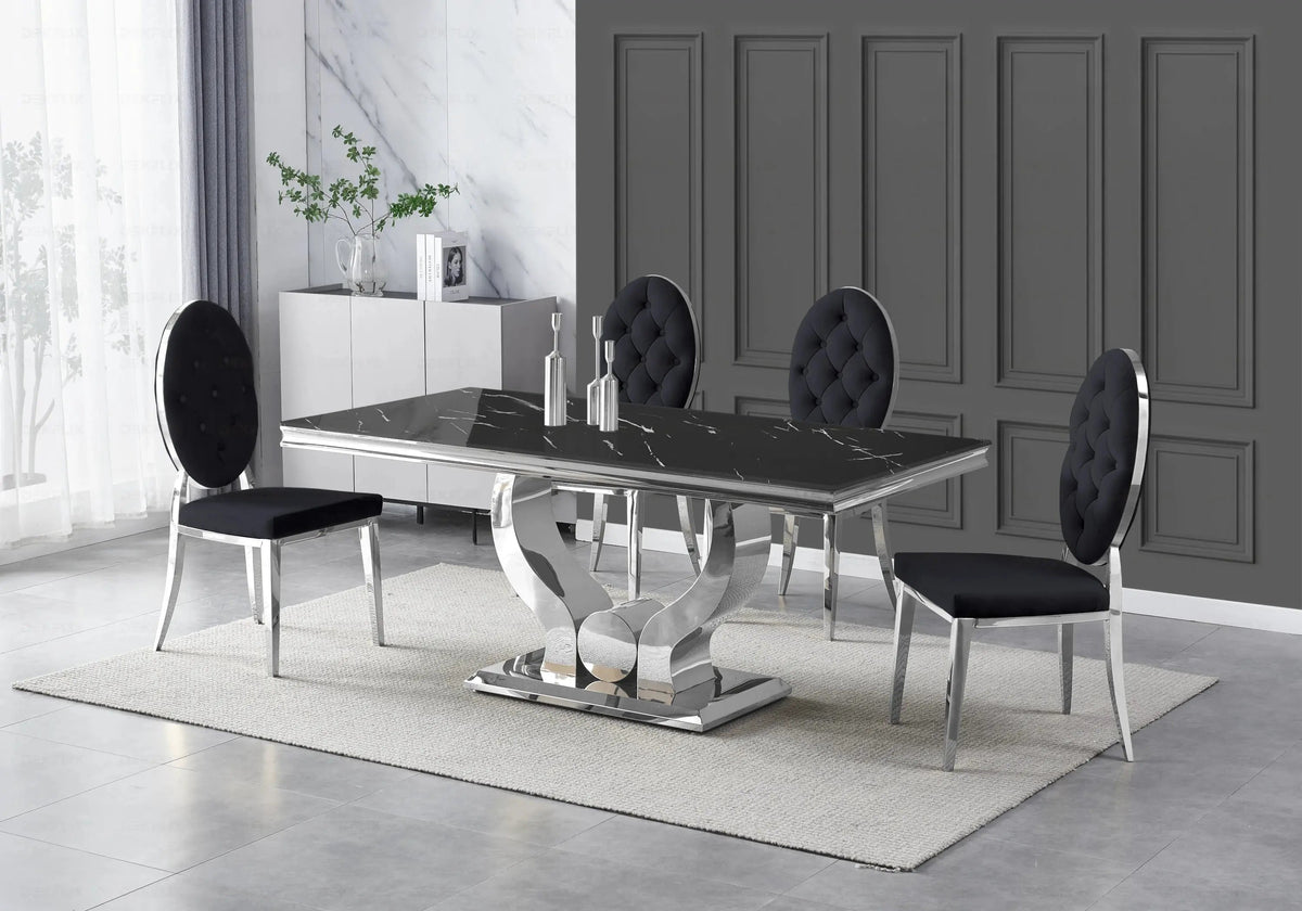 Table marbre noir et 4 chaises capitonnées argent | Juno