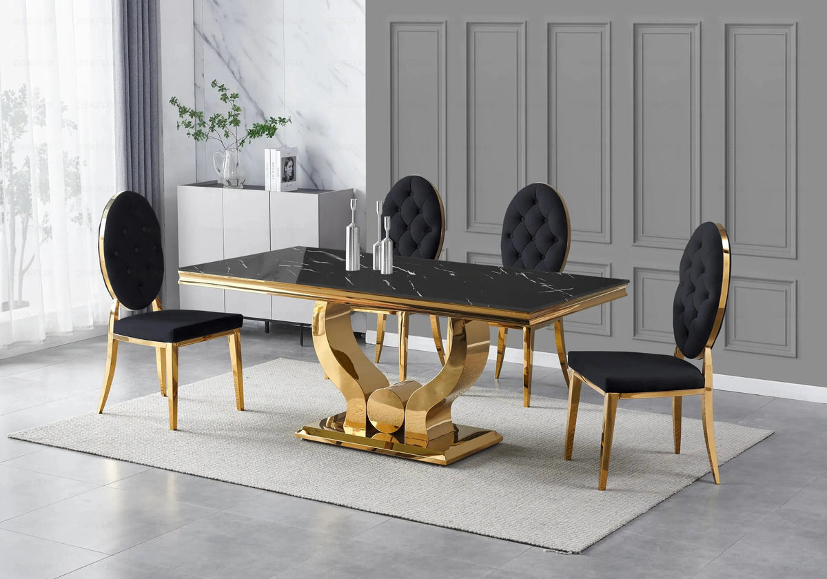 Table marbre noir et 4 chaises capitonnées dorées | Juno