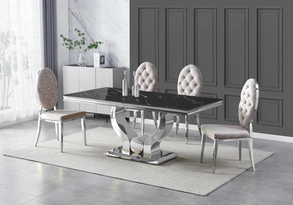 Table marbre noir et 4 chaises capitonnées argent | Juno