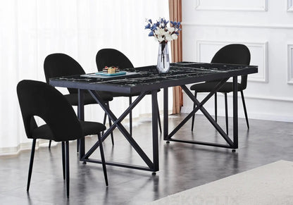 Ensemble table marbre noir et chaises velours | Zyra
