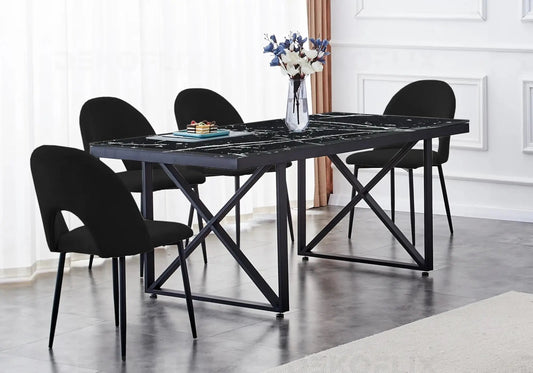 Ensemble table marbre noir et chaises velours | Zyra