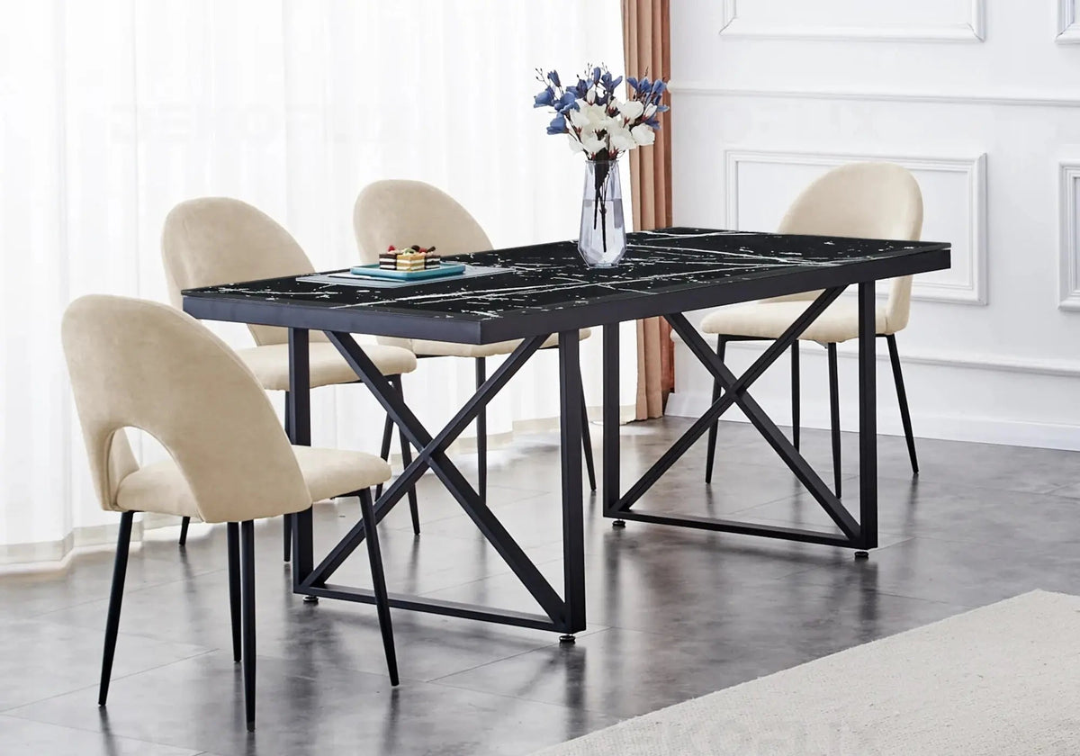 Ensemble table marbre noir et chaises taupe | Zyra