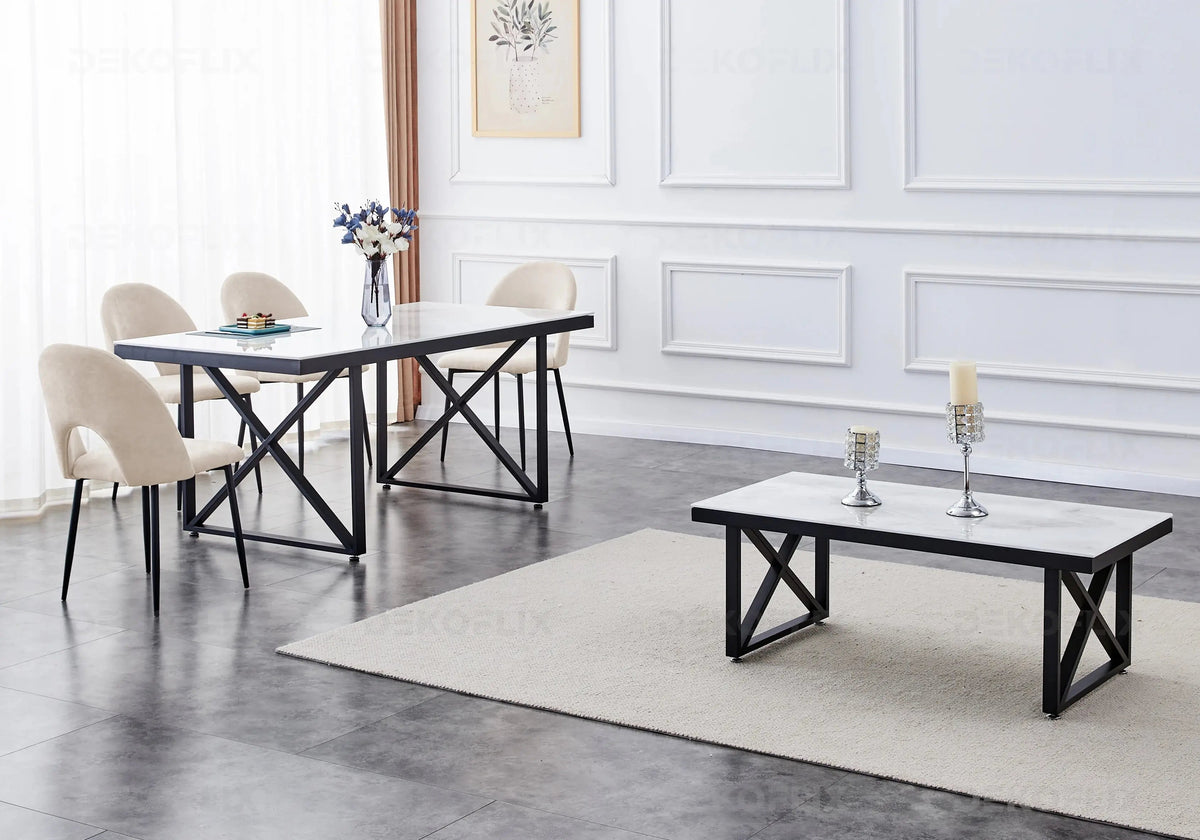 Table noire marbre blanc et chaises velours beiges | Zyra