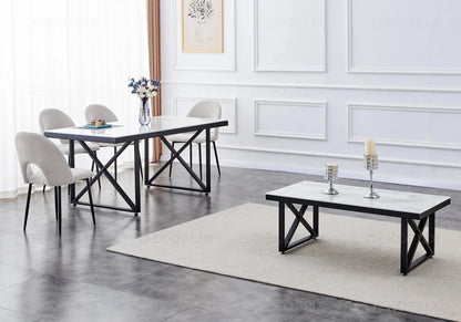 Table noire effet marbre blanc et chaises grises | Zyra