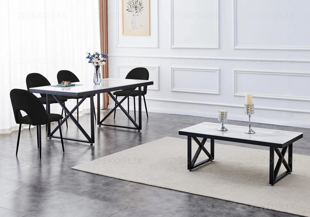 Table noire effet marbre blanc et chaises velours | Zyra