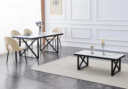 Table marbre blanc et chaises en taupe | Zyra
