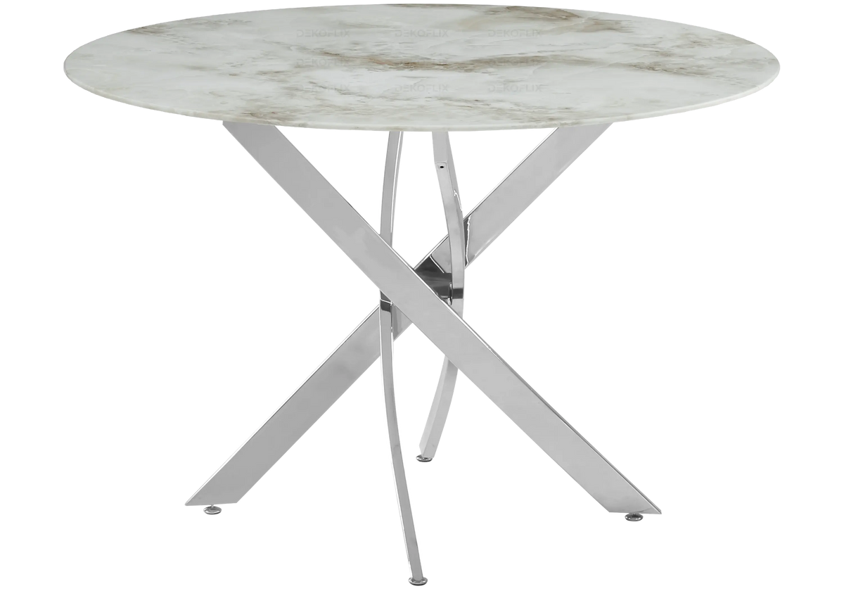 Table à manger ronde marbre beige et pied argenté | Koda