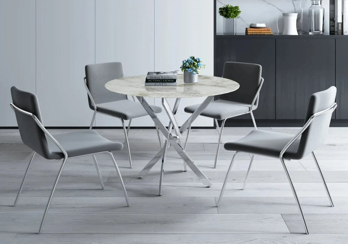 Table à manger ronde marbre beige et pied argenté | Koda