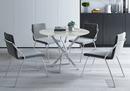 Table à manger ronde marbre beige et pied argenté | Koda