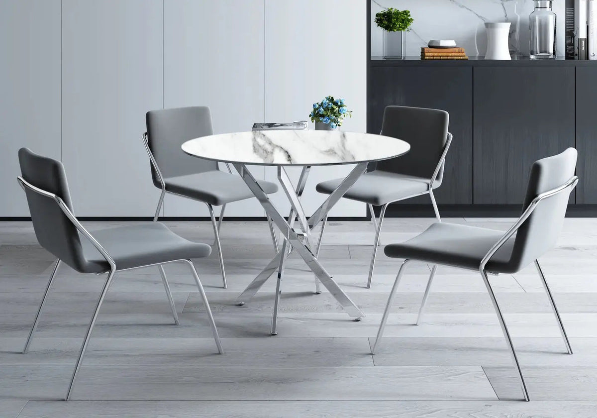 Table à manger ronde marbre blanc et acier chromé | Koda