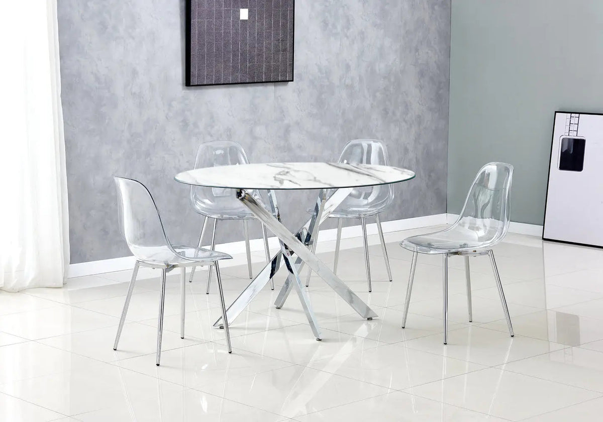 Table à manger ronde marbre blanc et acier chromé | Koda