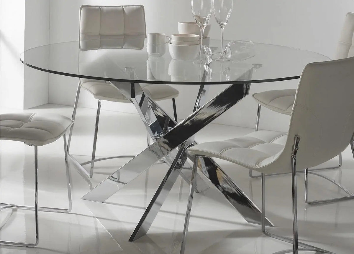 Table à manger ronde argentée verre trempé | Koda