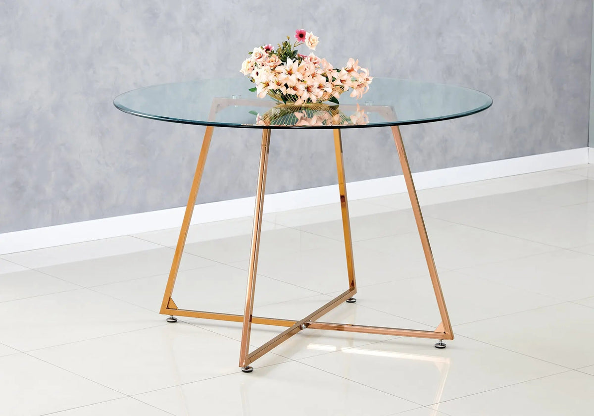 Table ronde verre trempé 120 cm pieds or rose | Nico
