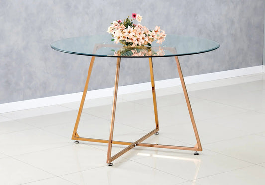 Table ronde verre trempé 120 cm pieds or rose | Nico