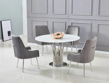 Table à manger ronde effet marbre blanc et chrome | Zelix