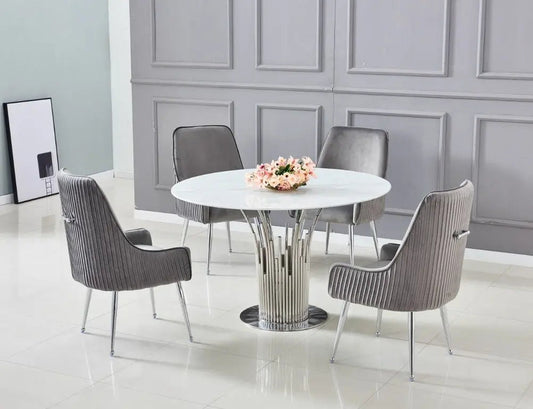Table à manger ronde effet marbre blanc et chrome | Zelix