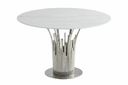 Table à manger ronde effet marbre blanc et chrome | Zelix