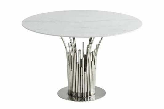 Table à manger ronde effet marbre blanc et chrome | Zelix