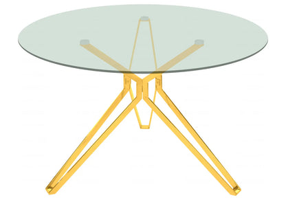 Table à manger ronde verre trempé et métal doré | Zelix