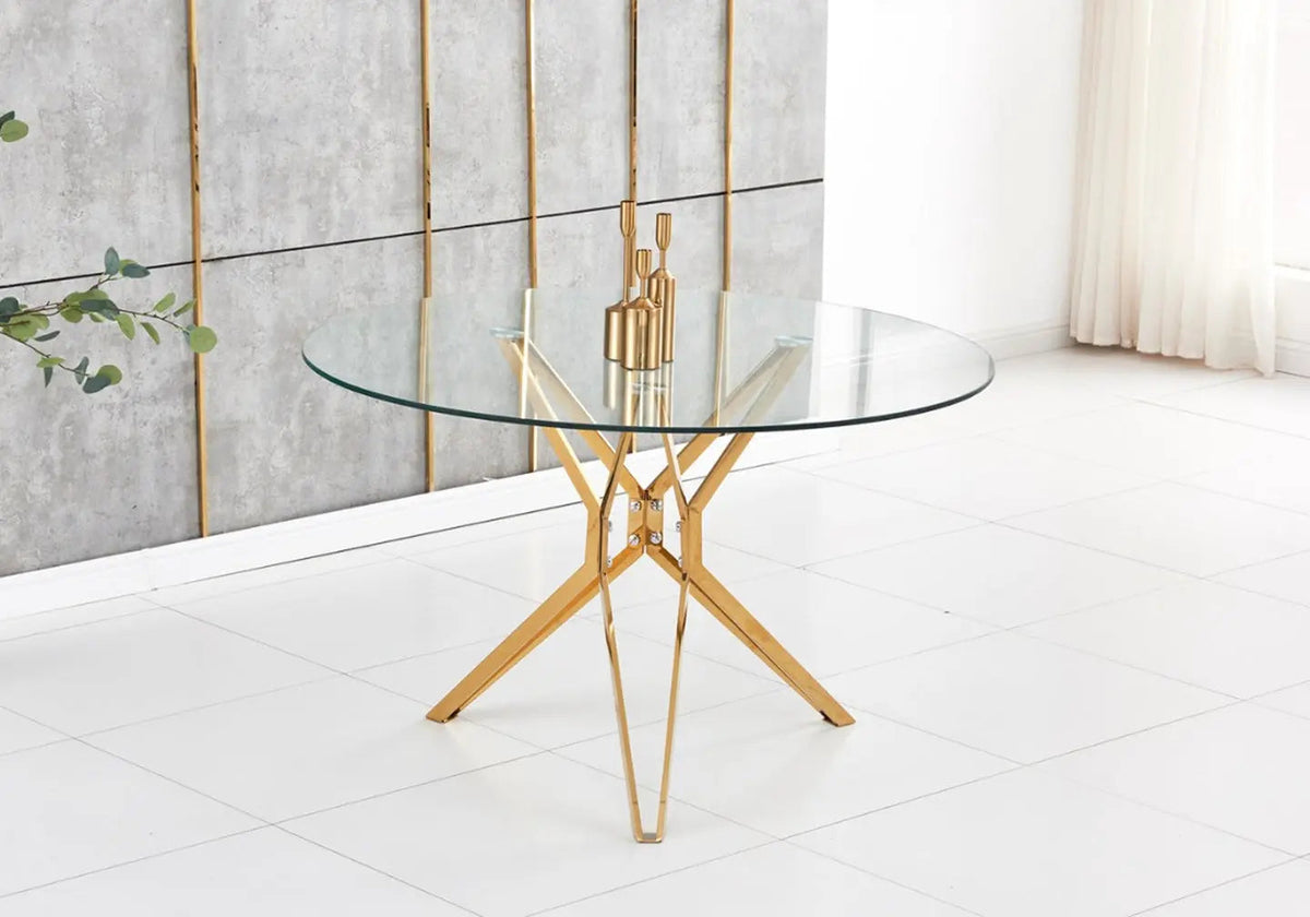 Table à manger ronde verre trempé et métal doré | Zelix