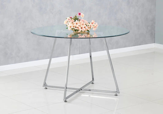 Table ronde verre trempé et pieds argent 120 cm | Nico