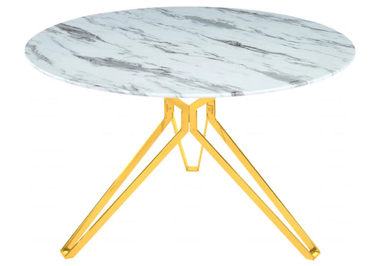 Table à manger ronde effet marbre blanc et doré | Zelix