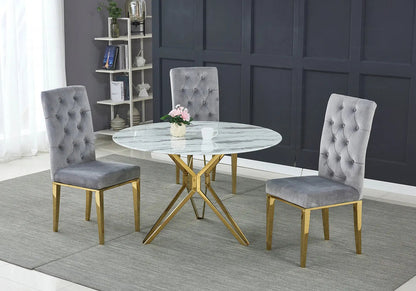 Table à manger ronde effet marbre blanc et doré | Zelix
